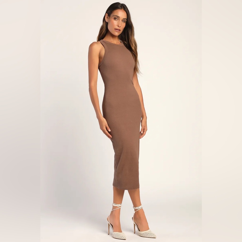 Lulu's Taupe Sleeveless Midi Dress